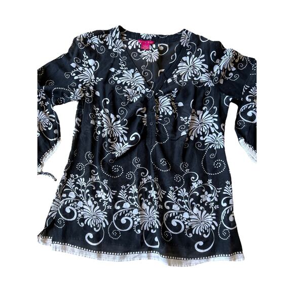 Sunny Leigh Womens L Coverup Tunic Silk Blend 3/4 Sleeve Floral Beach Boho VTG - Picture 2 of 11